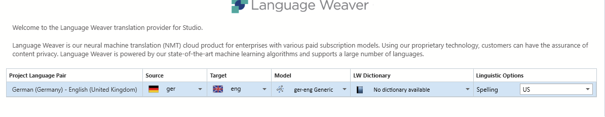 Screenshot of Trados Studio Language Weaver translation provider interface showing a project language pair from German (Germany) to English (United Kingdom), with a selected model 'ger-eng Generic' and spelling set to 'US'. No dictionary available is indicated.