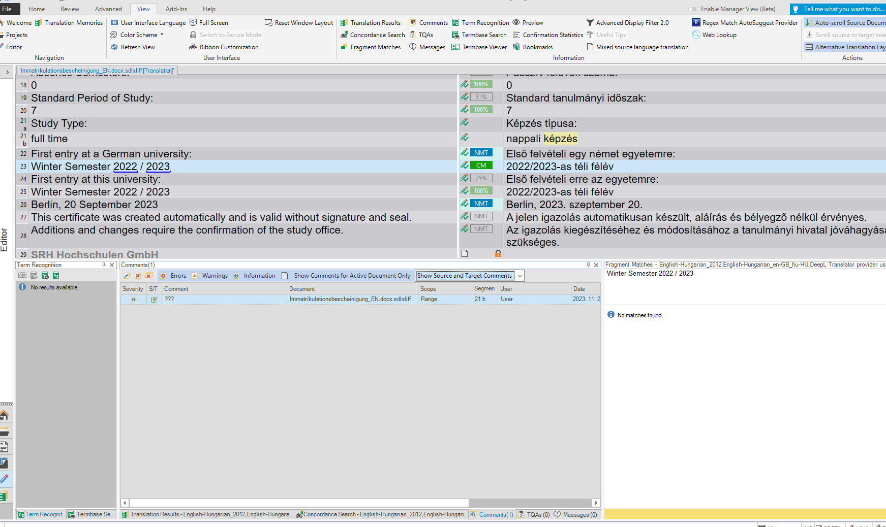 Trados Studio screenshot showing the Editor window with a source segment selected and the Comments Window open. No visible errors or warnings.