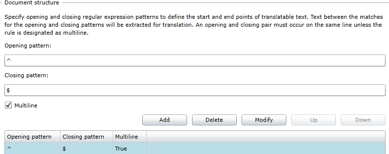 Trados Studio Document Structure settings window showing opening and closing pattern fields with caret and dollar sign symbols, and a checked Multiline option.