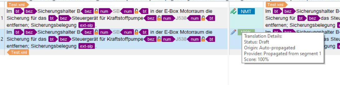 Screenshot of Trados Studio showing two segments of text with tags such as 'Im', 'bt', 'bez', 'Sicherungshalter B', 'num', 'SB', 'ext-slp'. No visible errors or warnings.