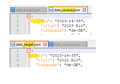 Screenshot showing a comparison between data_source.json and data_target.json files in VS Code, highlighting a discrepancy in the number of leading blank spaces.