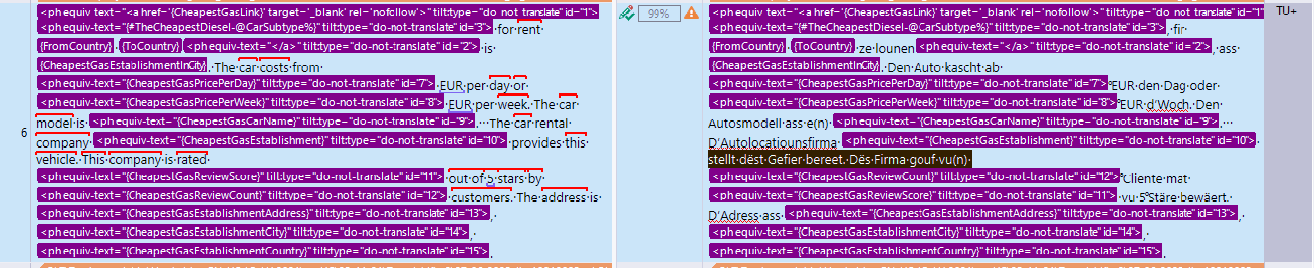 Screenshot of Trados Studio showing segment 6 with original text and tags. Three tags are missing in the propagated segment.