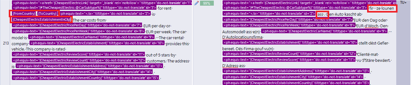 Close-up of segment 6 in Trados Studio highlighting the missing tags in the propagated text.