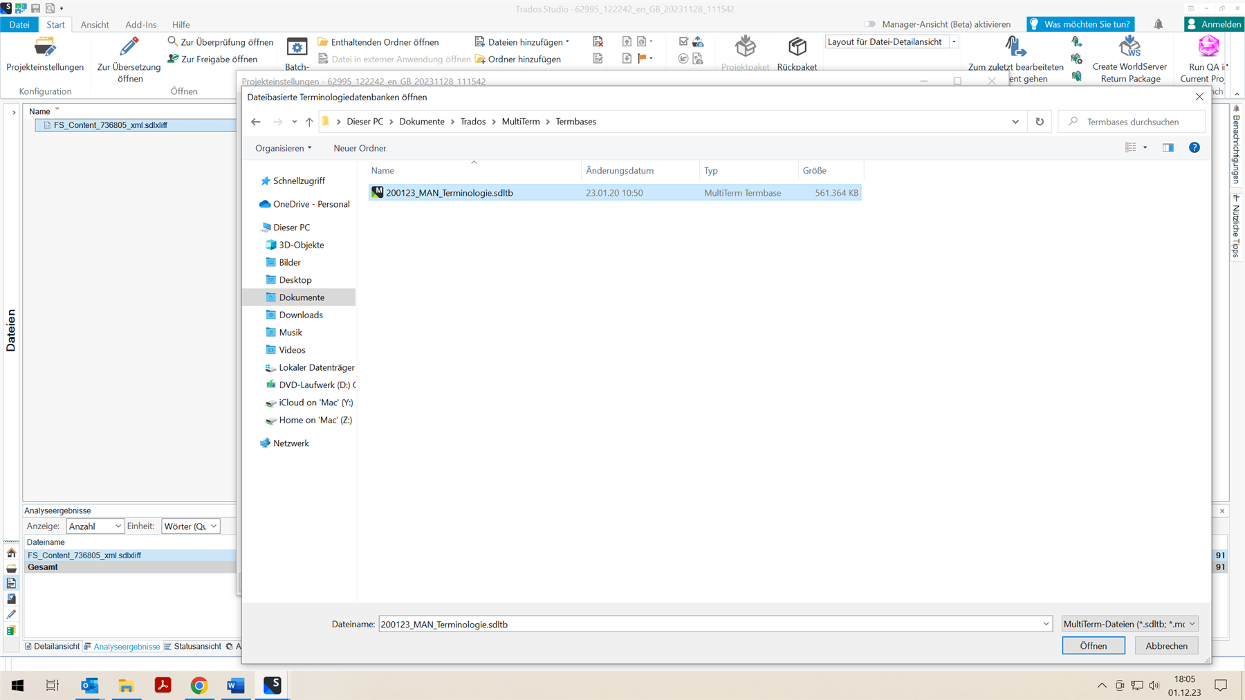 Trados Studio interface showing a file explorer window with a selected file named '200123_MAN_Terminologie.sdltb' and various menu options for project settings and translation.