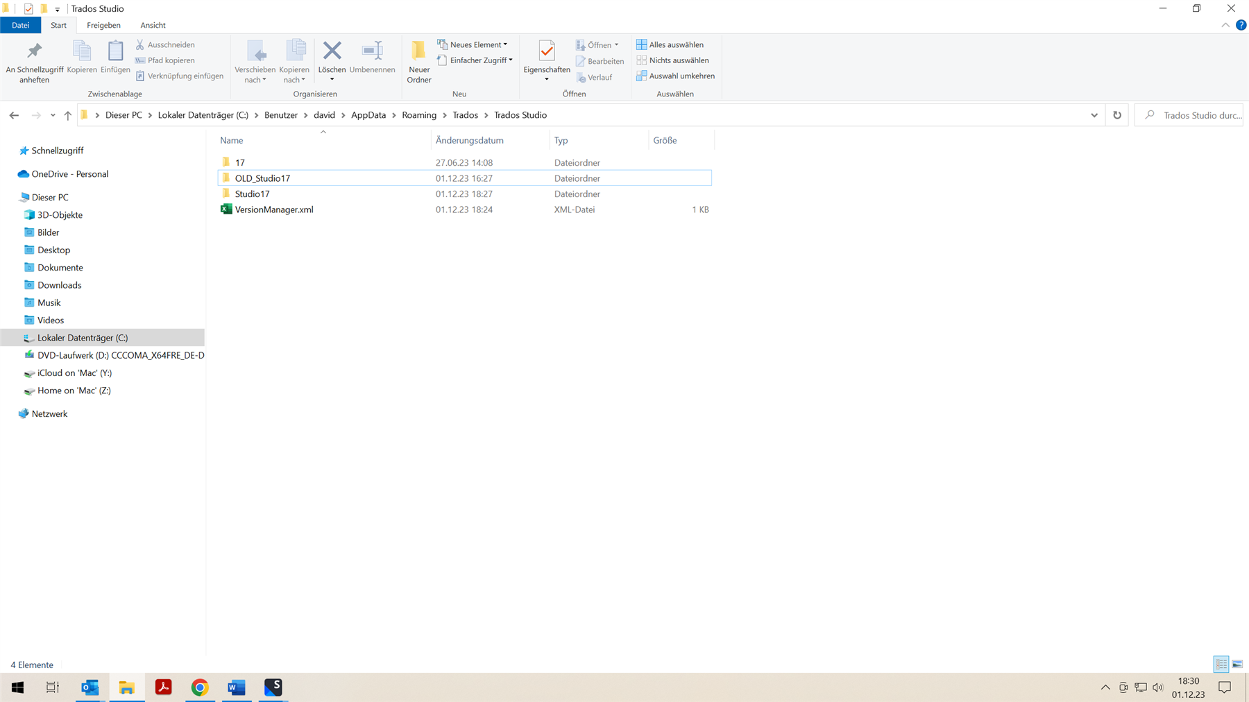 File Explorer showing Trados Studio folders including '17', 'OLD_Studio17', and 'VersionManager.xml'.