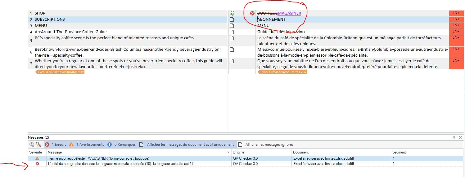 Screenshot of Trados Studio 2022 showing a QA error message indicating an incorrect term 'MAGASINER' and a paragraph unit exceeding the maximum length of 10, current length 17.