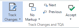 Trados Studio Review ribbon showing Track Changes dropdown with No Markup selected, Next, Previous, and Accept buttons visible.