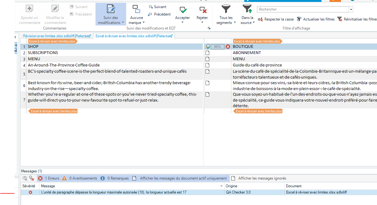 Trados Studio screenshot showing a QA Checker error message indicating a paragraph unit exceeds the maximum length allowed, current length is 17.