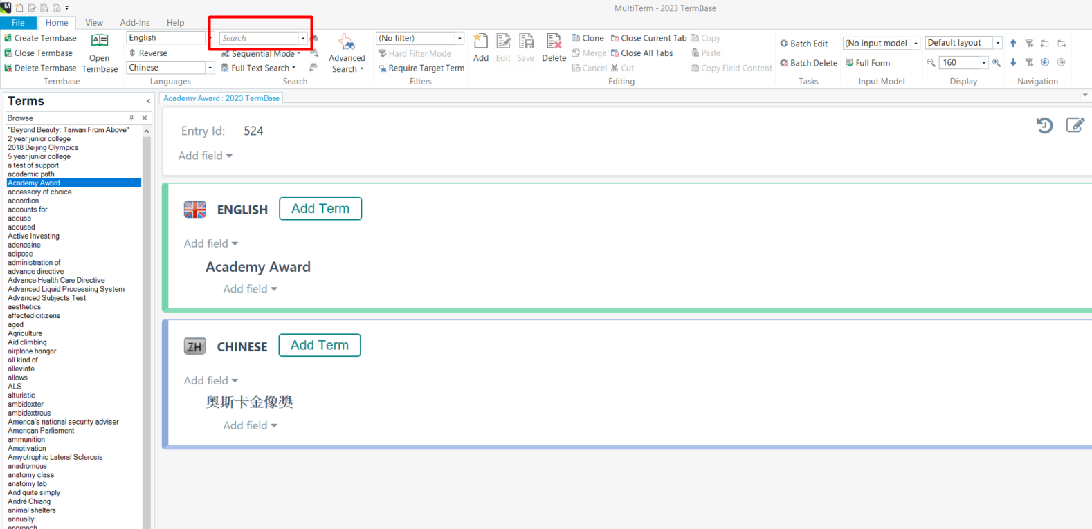Screenshot of Trados Studio with the 'Home' ribbon tab active. A red box highlights the 'Search' dropdown menu in the 'Termbase' section. Below, the 'Terms' pane lists various terms with 'Academy Award' selected.