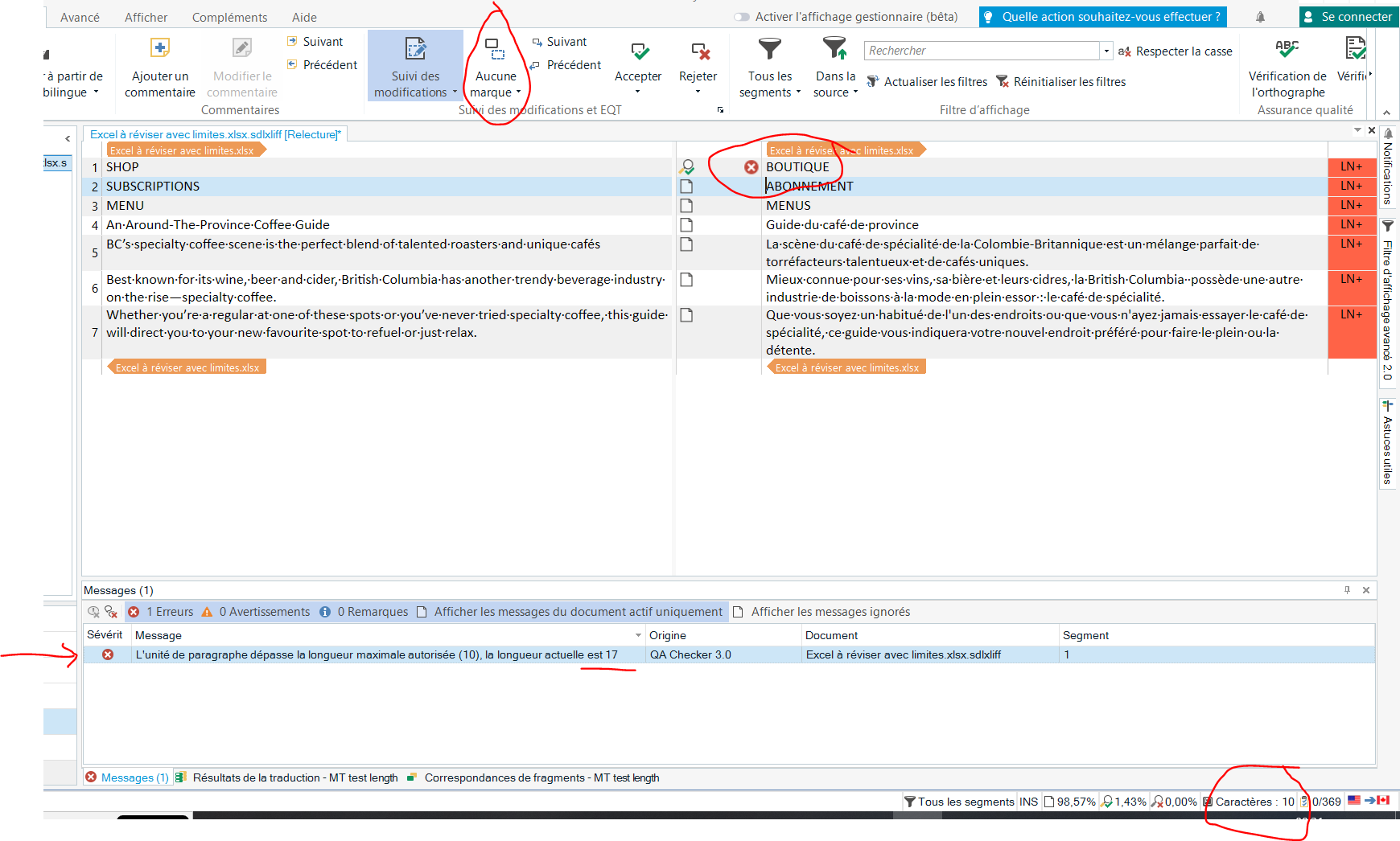 Trados Studio interface showing 'Excel a reviser avec limites.xlsx' file open for review with 'No Markup' selected. A segment is highlighted with a character limit error in the QA checker.