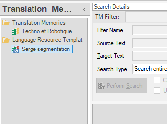 Trados Studio Translation Memories panel showing 'Techno et Robotique' and 'Serge segmentation' selected.