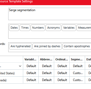 Language Resource Template Settings window with 'Serge segmentation' selected and various segmentation rules displayed.