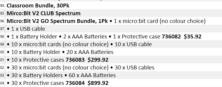 Screenshot of a PDF document opened in Trados Studio 2022 showing a list of classroom bundles with prices, including Micro:Bit V2 CLUB Spectrum and Micro:Bit V2 GO Spectrum Bundle.