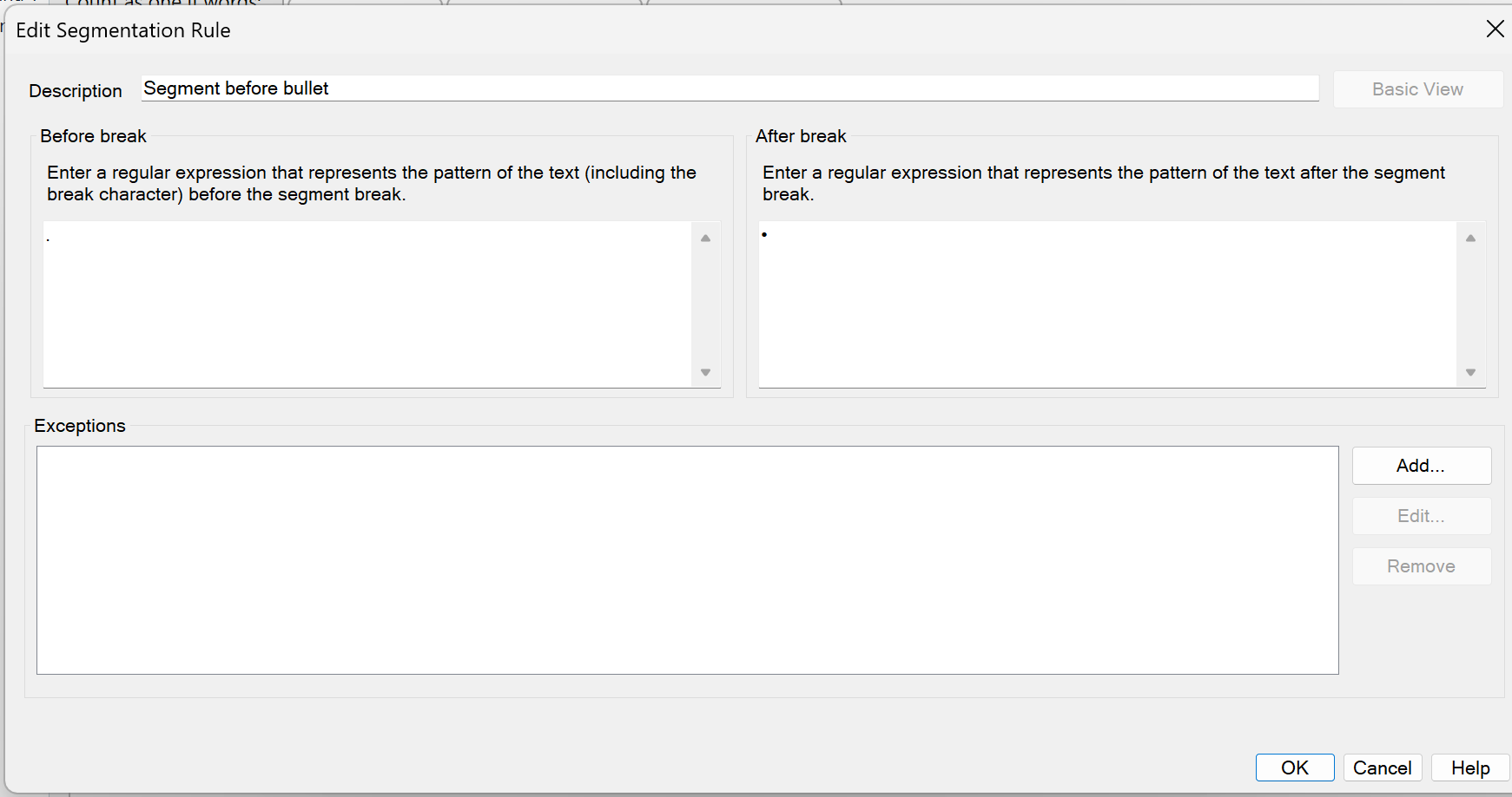 Trados Studio Edit Segmentation Rule dialog box showing 'Segment before bullet' with a dot in the 'Before break' field and a bullet character in the 'After break' field.