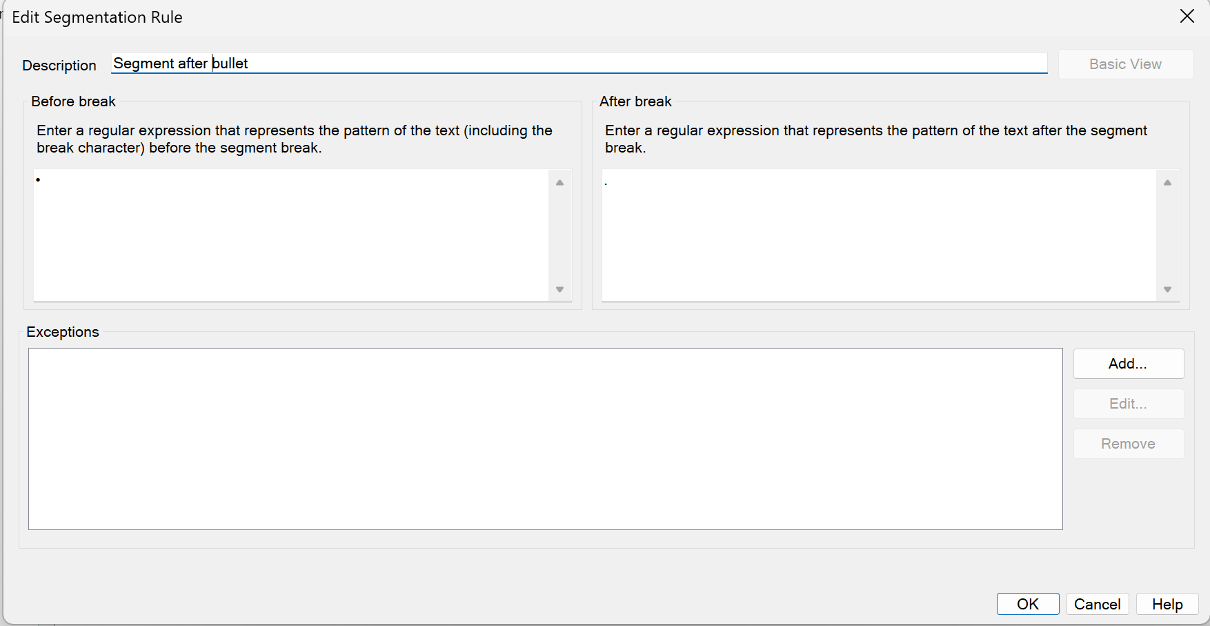 Trados Studio Edit Segmentation Rule dialog box showing 'Segment after bullet' with a bullet character in the 'Before break' field and a dot in the 'After break' field.