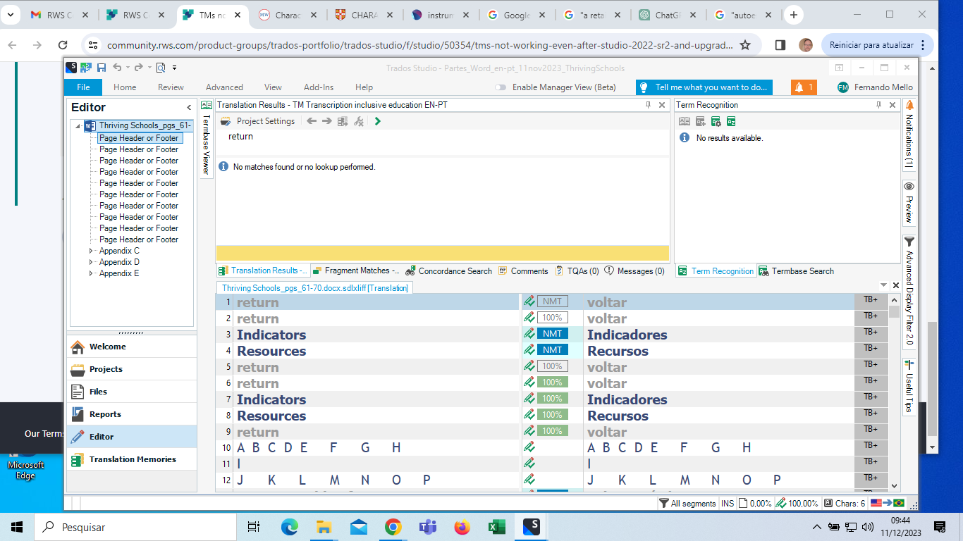 Screenshot of Trados Studio showing the Editor window with a message 'No matches found or no lookup performed' in the Translation Results pane.