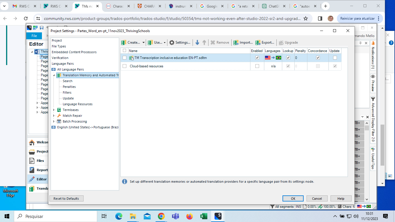 Screenshot of Trados Studio's Project Settings window with Translation Memory and Automated Translation settings displayed, no visible errors.