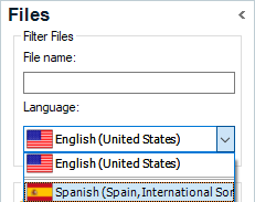 Trados Studio screenshot showing the Files pane with a language dropdown menu open, displaying options English (United States) and Spanish (Spain, International Sort).