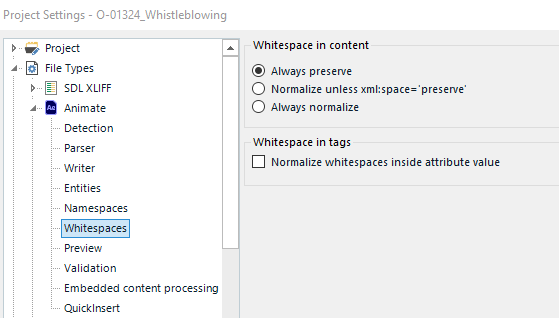 Screenshot of Trados Studio Project Settings dialog showing 'Whitespaces' options under 'File Types'. Options for 'Whitespace in content' and 'Whitespace in tags' are visible.