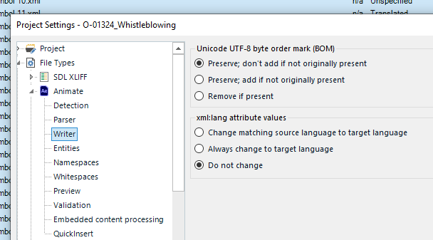 Screenshot of Trados Studio Project Settings dialog showing 'Writer' options under 'File Types'. Options for 'Unicode UTF-8 byte order mark (BOM)' and 'xml:lang attribute values' are visible.