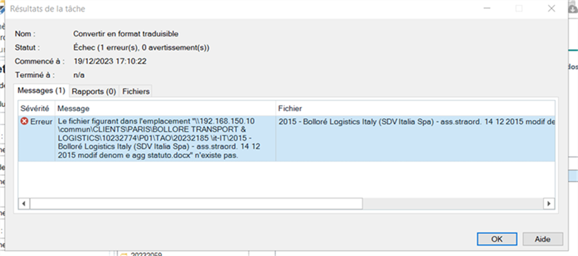 Error message in Trados Studio task results showing 'File does not exist' for a file on a remote drive.