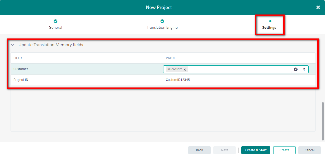 Screenshot of Trados Studio's New Project wizard in the browser showing the Update Translation Memory fields section with fields for Customer and Project ID filled out as 'Microsoft' and 'CustomID12345'. A settings icon is highlighted in the top right corner.
