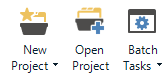 Trados Studio ribbon section showing icons for New Project, Open Project, and Batch Tasks.