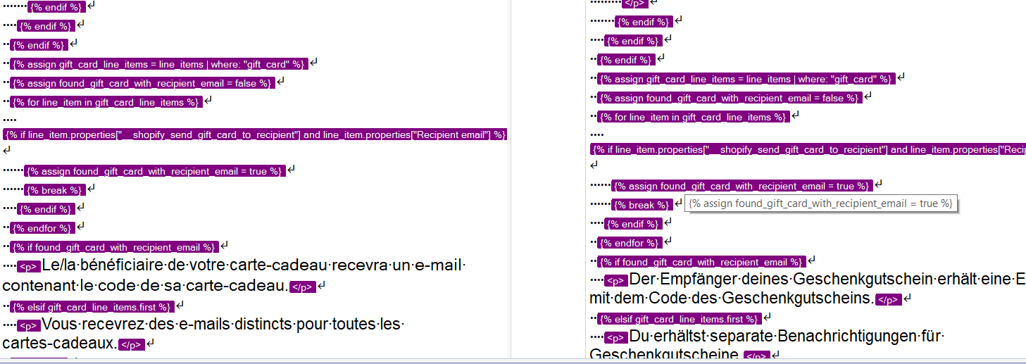 Screenshot of Trados Studio showing code with tags such as 'endif', 'assign gift card line items', and 'for line item in gift card line items'. Text in French is visible at the bottom.