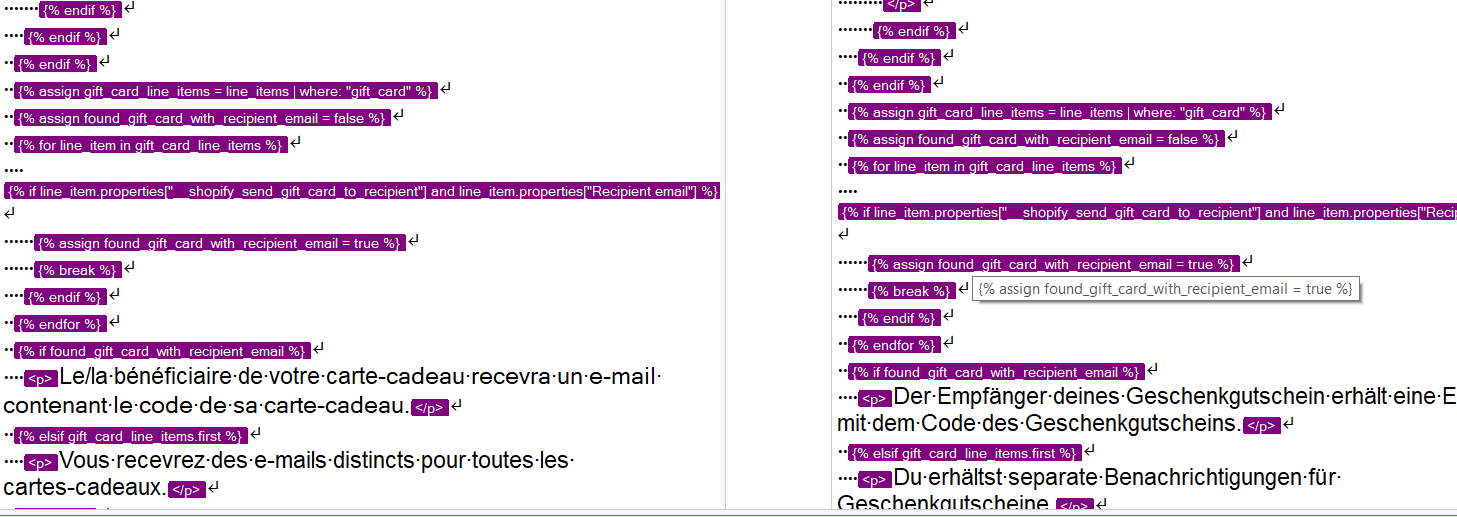 Screenshot of code in an editor with highlighted syntax, showing conditional statements and variables in a templating language.