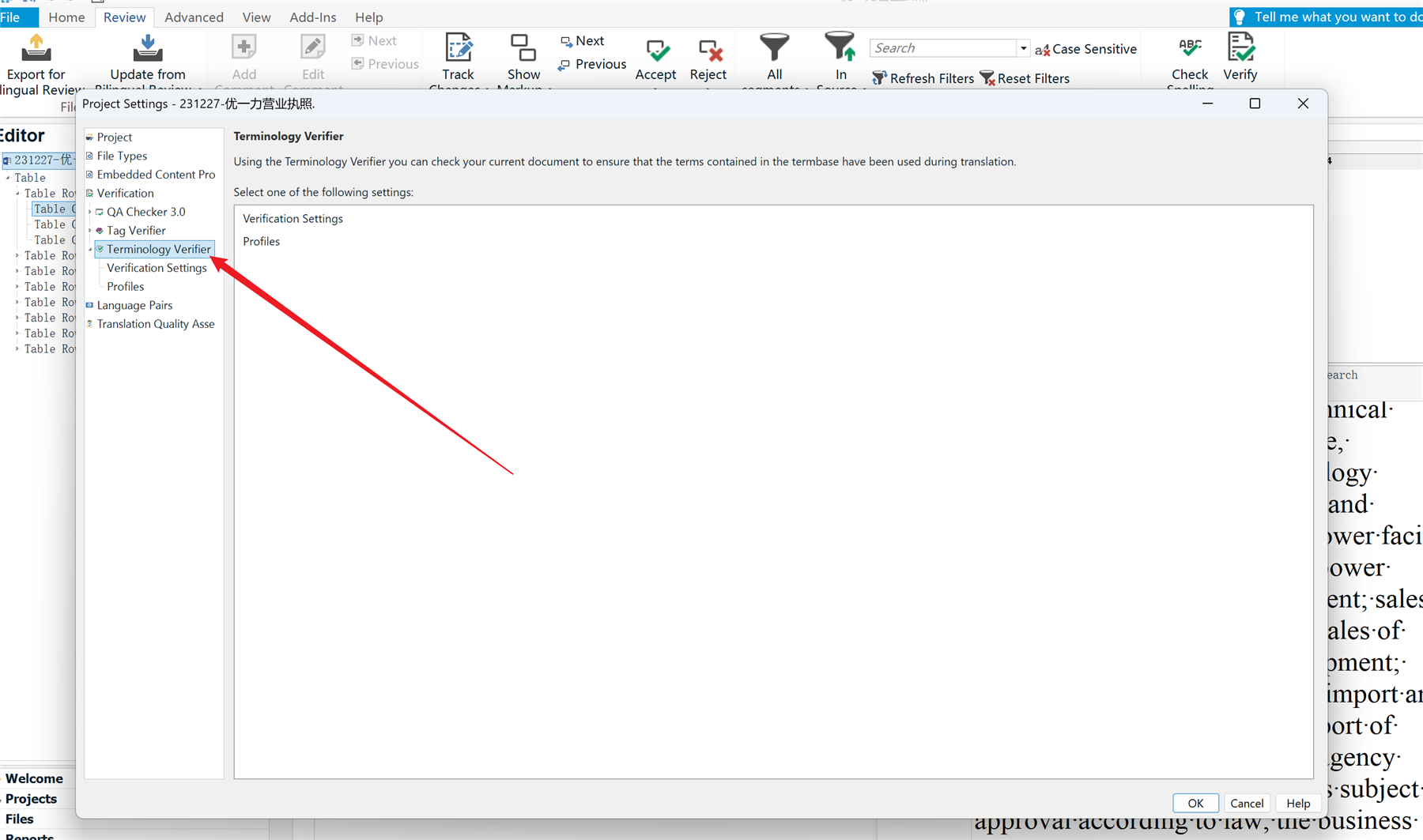 Screenshot of Trados Studio showing the 'Terminology Verifier' window with a red arrow pointing to 'Verification Settings' in the navigation pane.