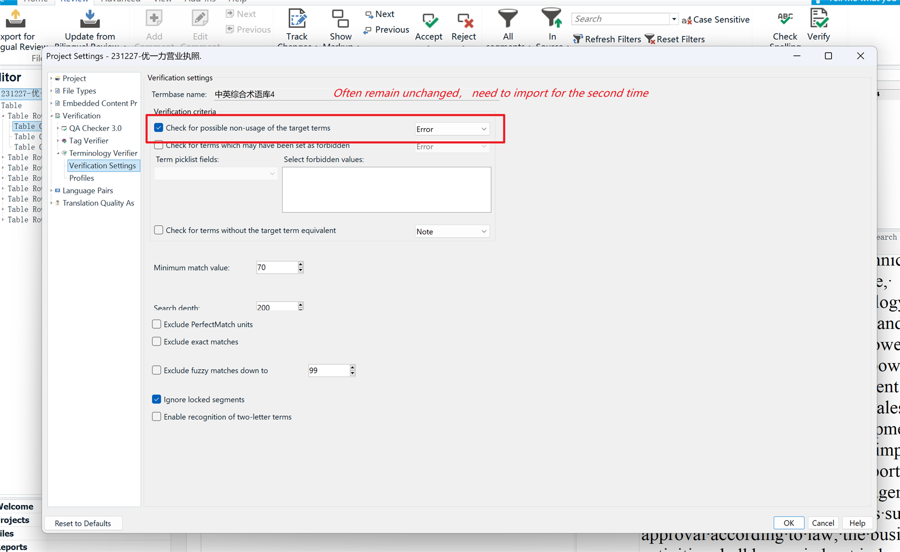 Screenshot of Trados Studio 'Verification Settings' with a red arrow pointing to the 'Check for possible non-usage of the target terms' option set to 'Error'. Text indicates settings often remain unchanged and need re-importing.