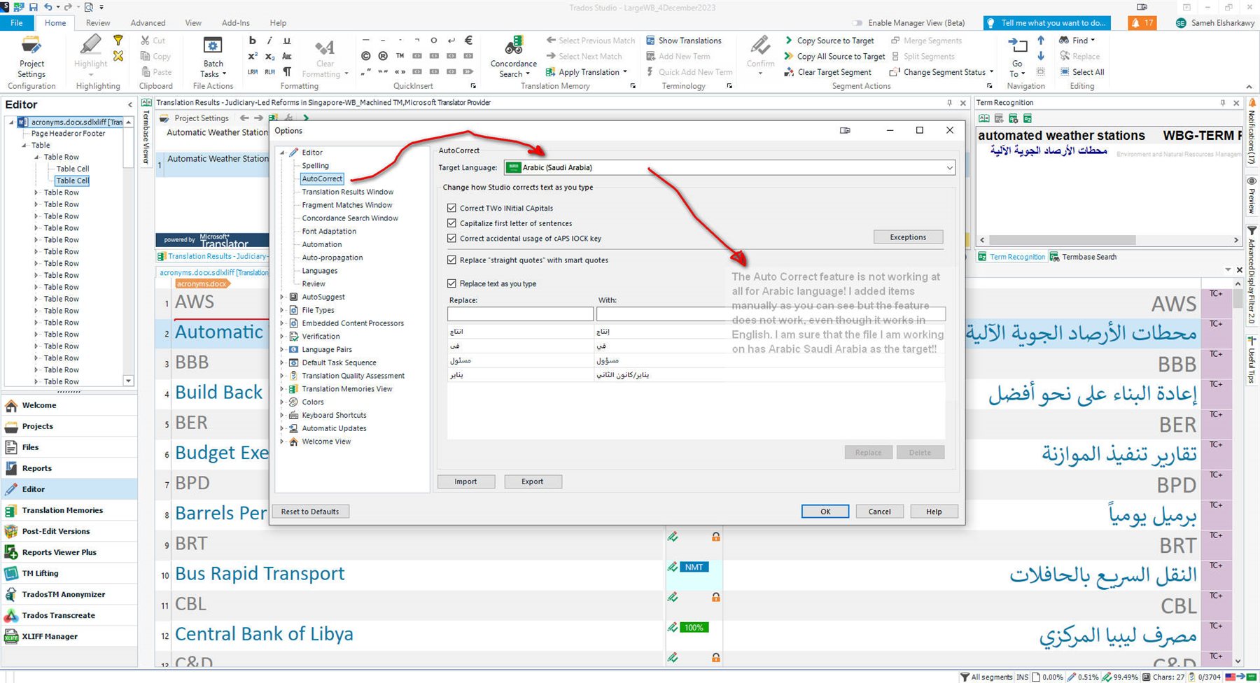 Screenshot of Trados Studio with the AutoCorrect settings window open for Arabic (Saudi Arabia) and a note explaining the AutoCorrect feature is not working for Arabic language.