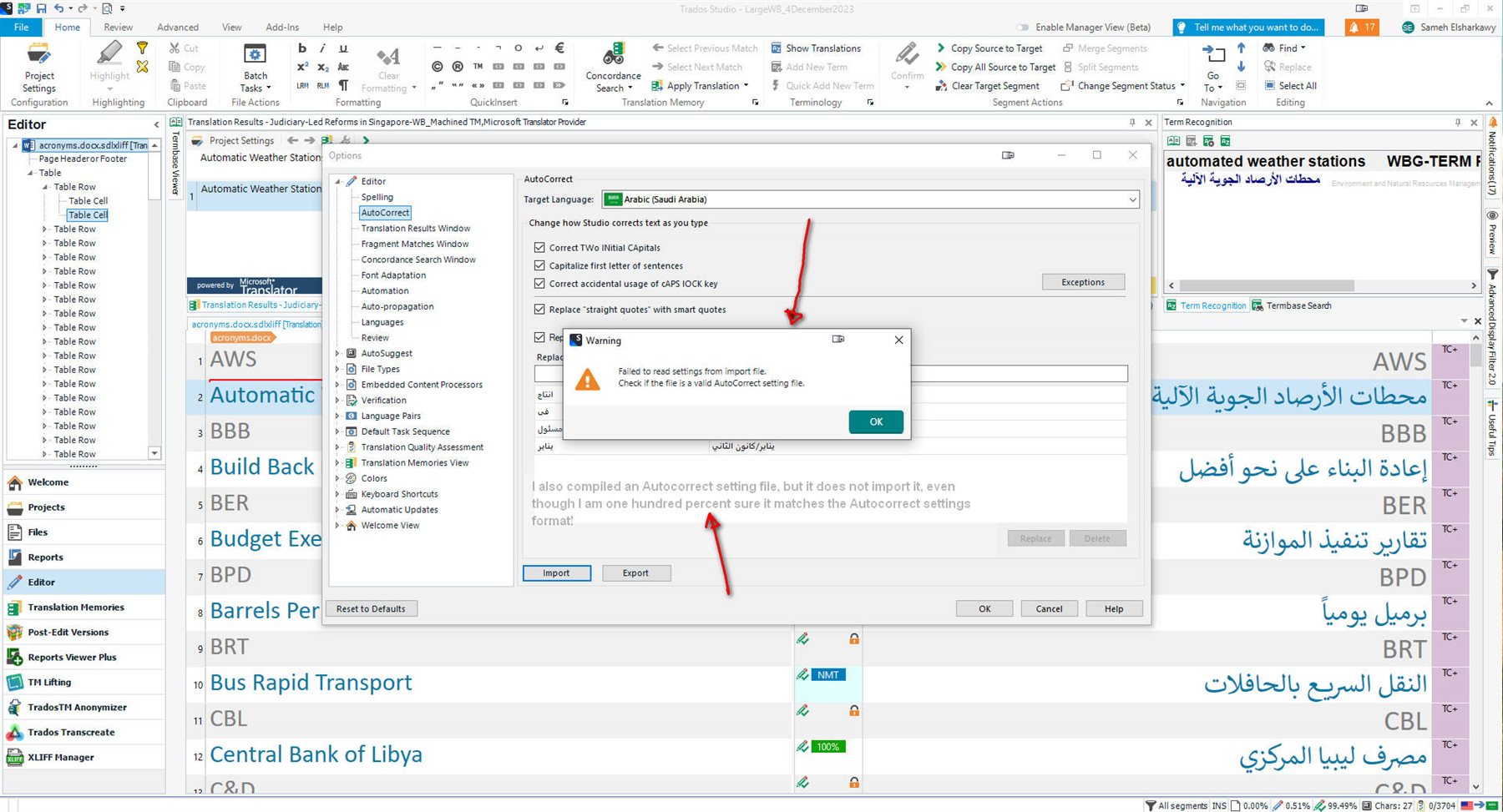 Screenshot of Trados Studio showing an error message 'Failed to read settings from import file. Check if the file is a valid AutoCorrect setting file.' with the AutoCorrect settings for Arabic (Saudi Arabia) open.