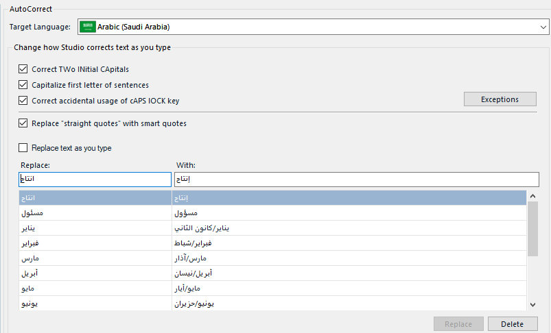 Screenshot of Trados Studio AutoCorrect settings for Arabic (Saudi Arabia) showing options for correcting text as you type and a list of replace text rules.