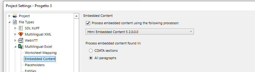 Trados Studio project settings showing Multilingual XML file type with Embedded Content processor set to 'HTML Embedded Content 5.20.0.0' and processing option selected for 'All paragraphs'.