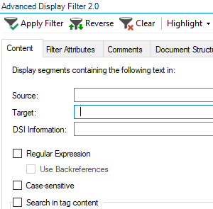 Screenshot of the Advanced Display Filter 2.0 interface in Trados Studio with empty fields for Source, Target, and DSI Information.