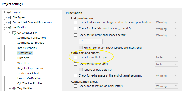 Trados Studio Project Settings dialog showing the Verification tab with Punctuation options. The 'Check for multiple spaces' option is highlighted.