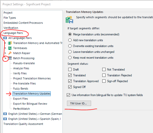 Trados Studio Project Settings window showing Language Pairs and Translation Memory Updates sections. The Translation Memory Updates section has an empty 'TM User ID' field highlighted.