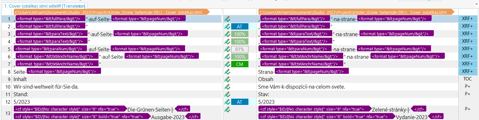 Screenshot of Trados Studio showing idml.sdlxliff file with translation segments and formatting tags in English and Slovak.