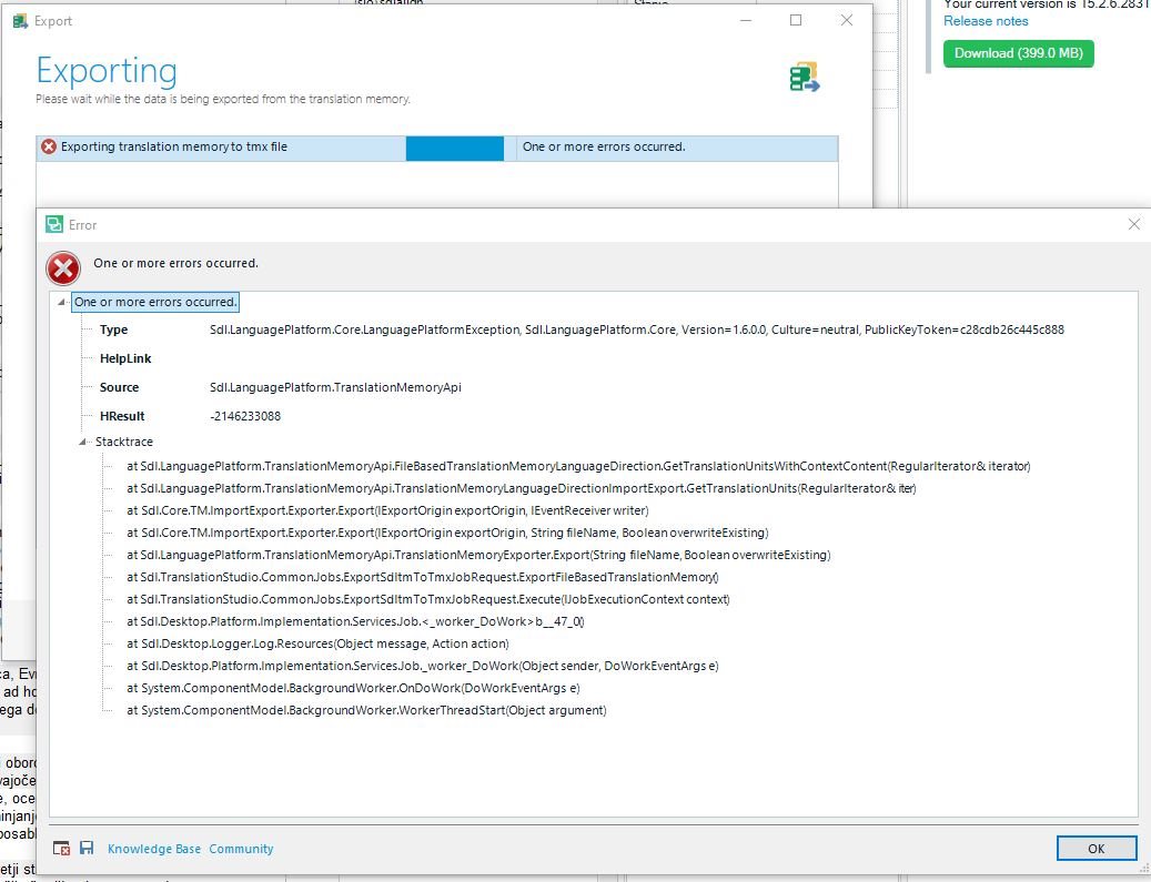 Screenshot of SDL Trados Studio error message during export. It reads 'Exporting translation memory to tmx file' with a warning 'One or more errors occurred.' Detailed error information is listed below.