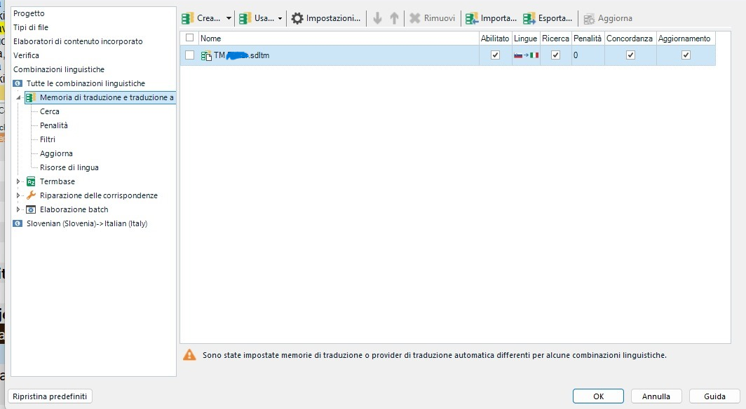 Trados Studio project settings window showing a selected translation memory (TM) with the update box ticked for a Slovenian-Italian language pair.