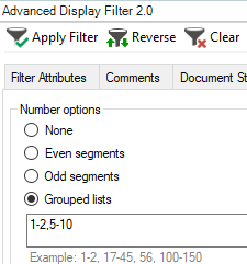 Trados Studio Advanced Display Filter 2.0 interface showing options for filtering segments by numbers with an example string in grey text.