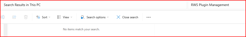 Windows search results showing 'No items match your search' for RWS Plugin Management.