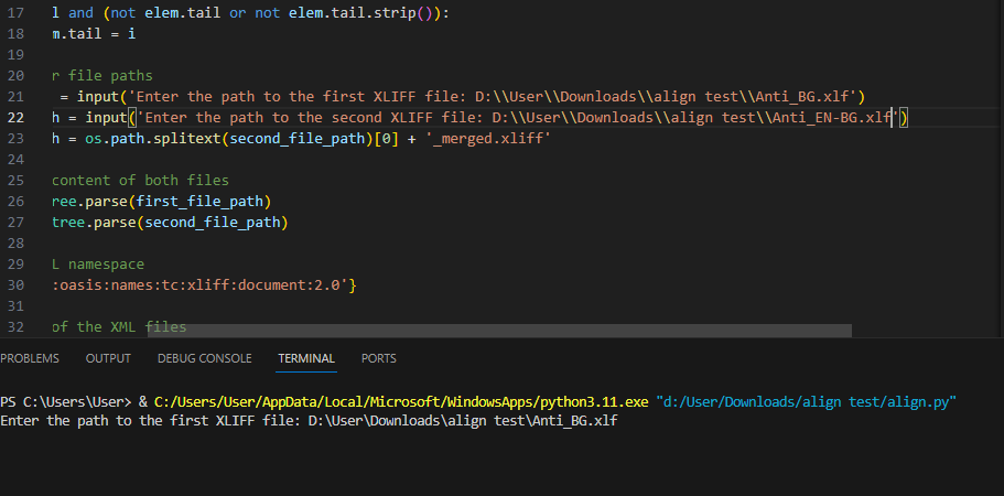 Screenshot of a Python script in Visual Studio Code with a focus on the terminal showing a file path input prompt for the first XLIFF file.