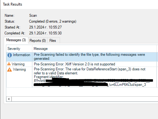 Screenshot of Trados Studio Task Results showing a completed scan with 0 errors and 2 warnings. Warnings include 'Xliff Version 2.0 is not supported' and an error related to 'DataReferenceStart' not referring to a valid Data element.