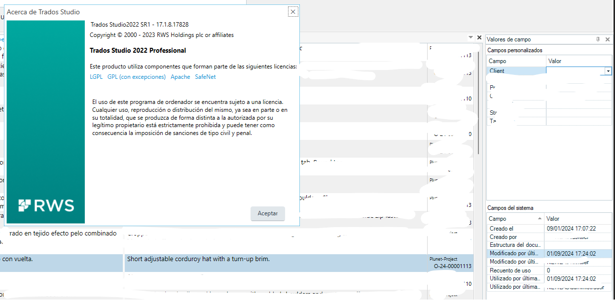 Screenshot of Trados Studio 2022 Professional about page showing version number and copyright information, with a separate window displaying field values with incorrect date format.