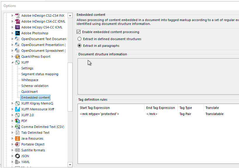 Trados Studio options menu with XLIFF selected, showing Embedded content settings. Enable embedded content processing is checked, with Document structure information section visible.