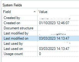 Screenshot showing Trados Studio system fields with a created on date of 01102023 and last modified on date of 03032023, indicating a possible error in date marking.