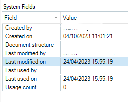 Screenshot of Trados Studio system fields with a created on date of 04102023 and last modified on date of 24042023, showing a discrepancy in date records.