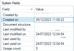 Screenshot illustrating Trados Studio system fields with a created on date of 05122023 and last modified on date of 24072023, highlighting a potential error in date tracking.